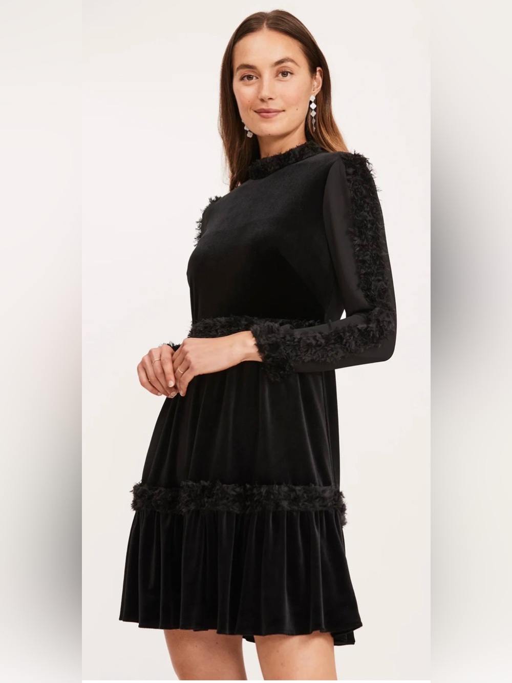 Tyler Boe Black Velvet Long-Sleeve Dress with Faux-Fur Trim